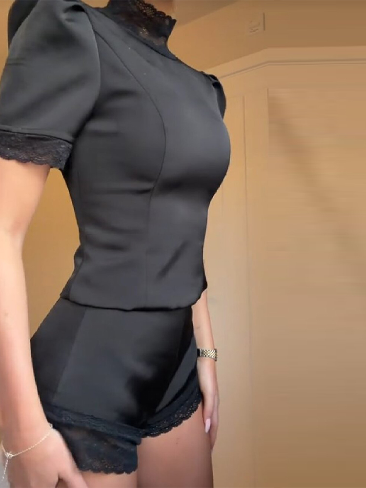 New Satin Lace Edge Top Short  - Shoulder Pad Set In 评论和价格